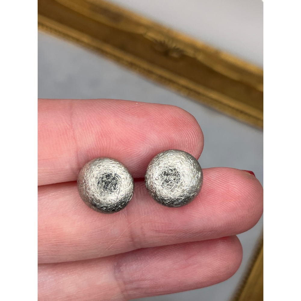 Silver Tone Textured Round Dome Pierced Earrings Modernist Minimalist Classic